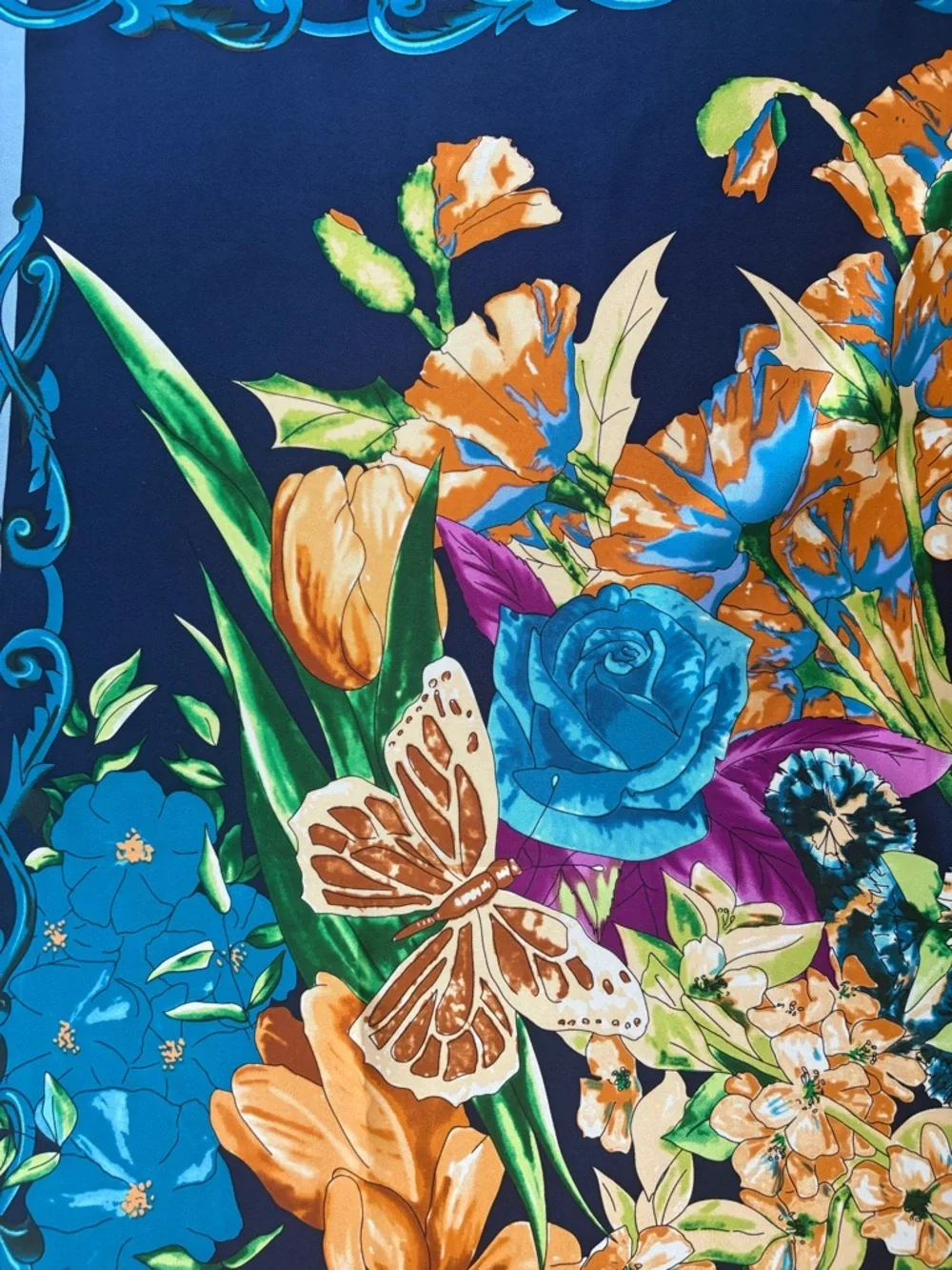 Floral Garden Silk-Feel Square Scarf in Navy & Orange